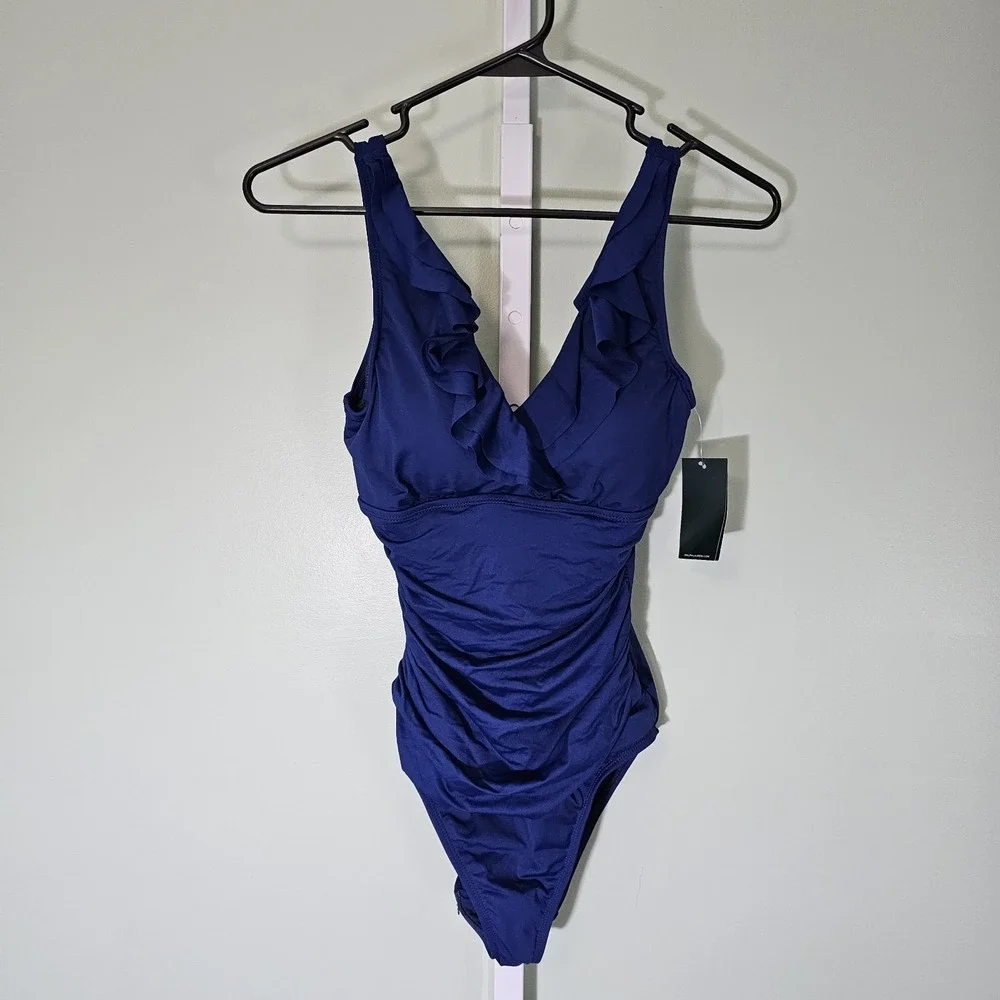 Lauren Ralph Lauren Beach Club Solid‎ Ruffle Surplice One-Piece Size 4 Indigo